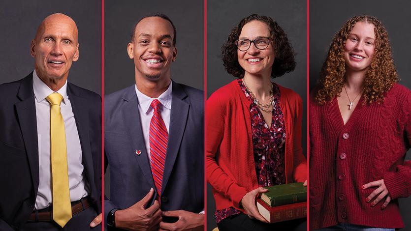 From left to right: Jackie Piddock ’26, Dr. Patty Tarantello ’04, Loik Makuza ’25, and Jack Oehm ’80.